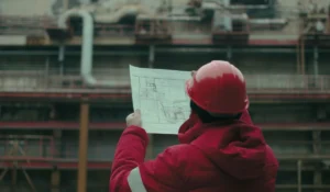 Engenheiro civil com capacete vermelho analisando planta em obra industrial, ilustrando um artigo da Apema sobre engenharia térmica.