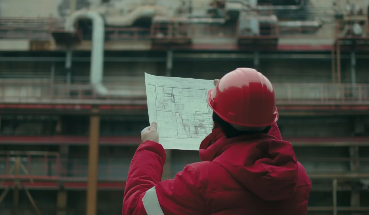 Engenheiro civil com capacete vermelho analisando planta em obra industrial, ilustrando um artigo da Apema sobre engenharia térmica.